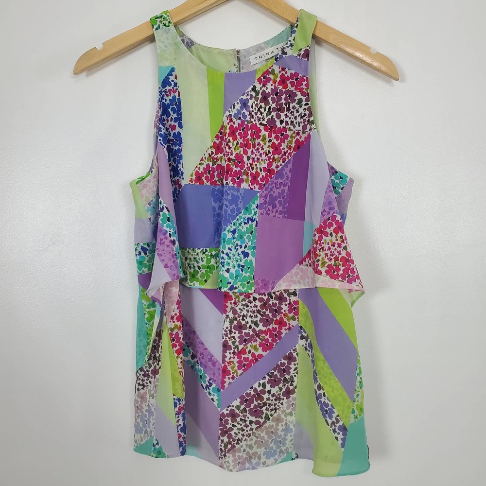 Trina Turk silk tank top colorful geometric floral pattern small